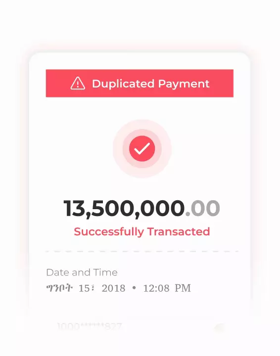 Duplicate payment warning receipt showing a successfully transacted amount flagged as duplicated