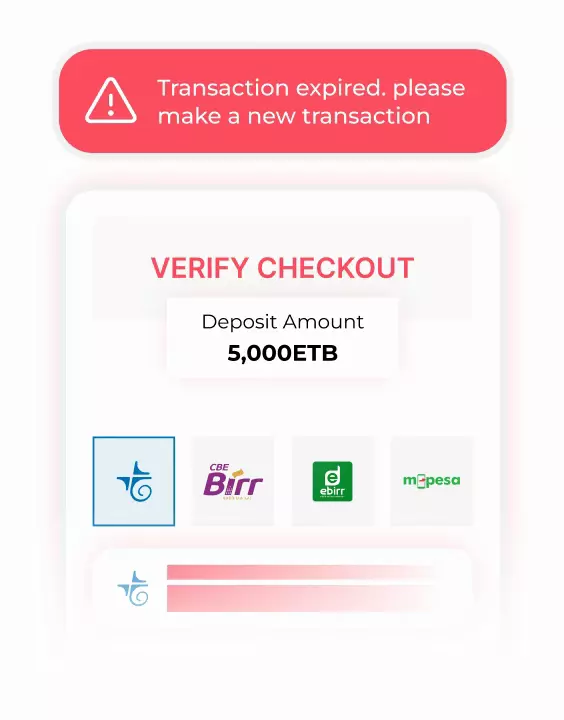 Checkout screen with an expired transaction alert above deposit payment methods